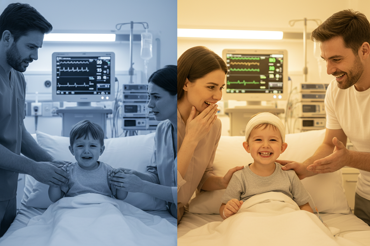 Erstelle ein Weinendes Kind vor der Operation mit denn Eltern und nach der Operation Glücklich und Strahlend (Im Hintergrund High tech geräte) ein helles bild bitte. KEINEN TEXT IM BILD